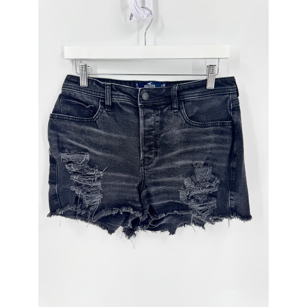 Hollister Mom Shorts Women 11 Black Curvy High-Rise Distressed Raw Hem 30w
